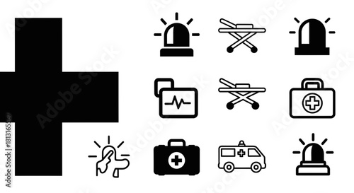 Essential medical emergency icons including ambulance, first aid kits, and vital signs monitor for healthcare and safety design projects.
