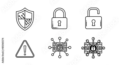 Protecting digital assets with innovative cybersecurity icons featuring shields, locks, and network security elements for modern business