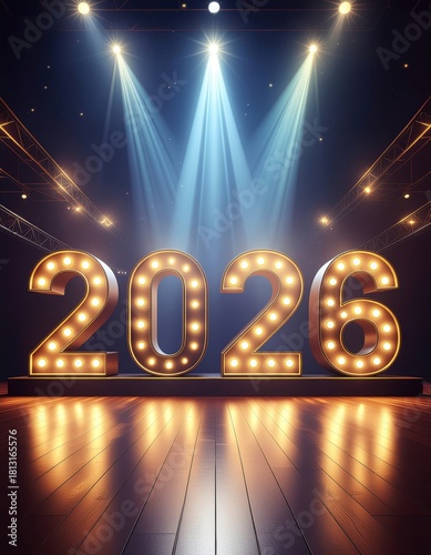 Happy New Year 2026 festive banner with luxury gold fonts and stage lights