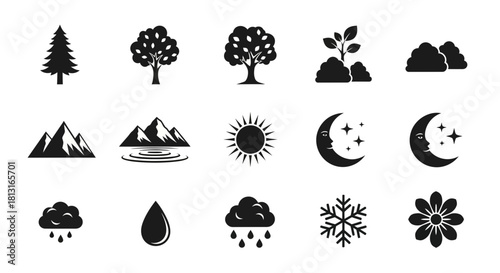 Collection of nature's iconic elements representing growth, weather, celestial bodies, and flora for diverse design projects
