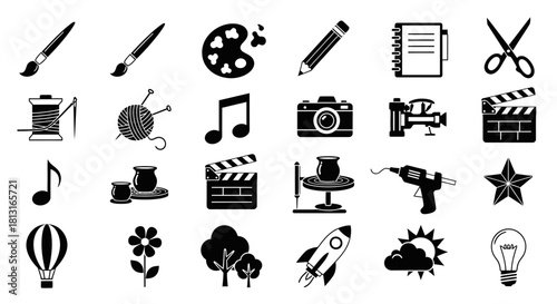 Diverse creative icons showcase art, music, film, craft, and innovation for engaging design projects