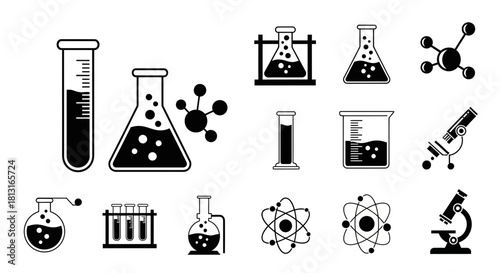 Dynamic collection of science icons featuring beakers flasks test tubes microscopes and atomic models for educational and research themes