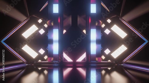 Futuristic geometric tunnel with neon lights and reflections