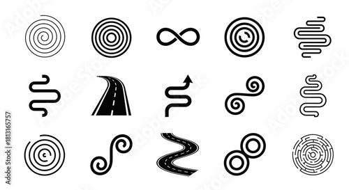 Captivating collection of abstract paths and journey symbols, perfect for illustrating progress, decisions, and complex routes with modern flair.