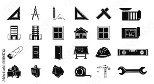 Essential construction and architectural icons vital for design projects, engineering plans, and building blueprints, showcasing tools and structures.
