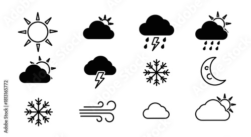 Modern weather icons capturing sun, clouds, rain, lightning, snow, wind, and moon for dynamic forecasts and climate apps