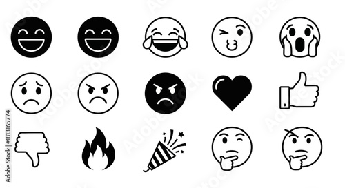Expressive emoji collection capturing a spectrum of emotions from joy and love to anger and dislike, perfect for digital communication and design projects.