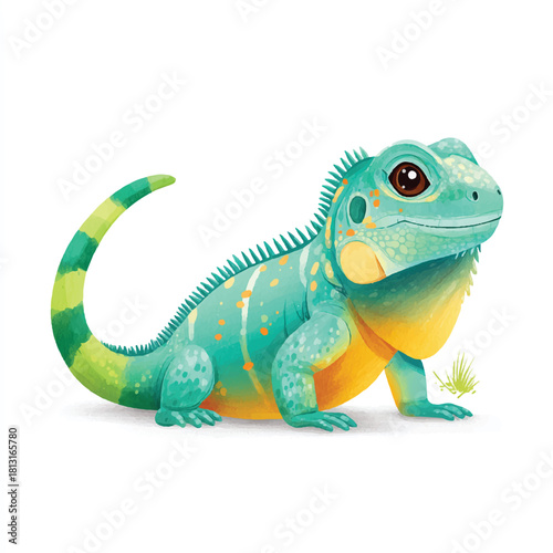 Cute Cartoon Iguana Illustration. Adorable Green Lizard Character.