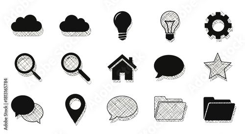 Modern icon collection for website design, apps, and presentations featuring clouds, ideas, search, communication, and organization elements.