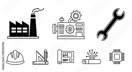 Industrial concept icons for manufacturing engineering technology and construction projects offering essential tools and symbols for innovation and development