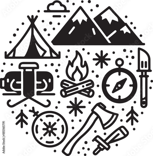 Camping Adventure Icon Set – Outdoors, Hiking & Nature Elements
Minimalist Wilderness Icons – Camping, Mountains, Compass & Fire
Outdoor Survival Line Art – Boots, Tent, Knife & Campfire Designs