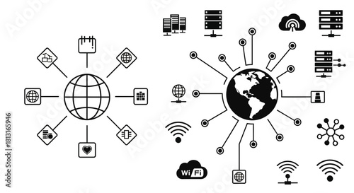 Global network connections and technology hubs visualized with digital data flow and connectivity icons representing modern communication systems