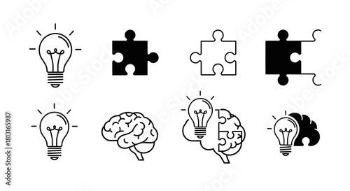 Sparking brilliant ideas and solving complex problems with innovative thinking and creative solutions represented by lightbulbs and puzzle pieces