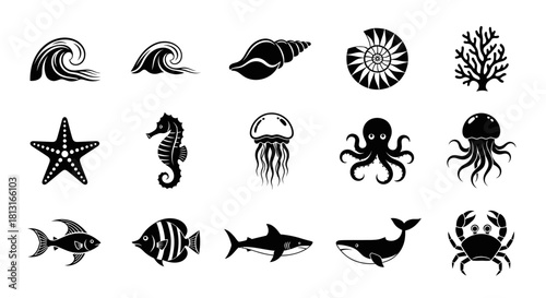 Captivating collection of marine life icons including waves, shells, starfish, seahorse, jellyfish, octopus, coral, fish, shark, whale, and crab for your creative projects.