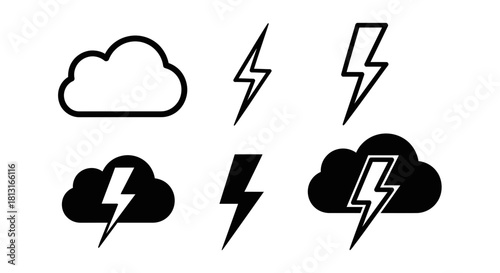 Dynamic storm icons featuring lightning bolts within clouds for weather alerts, energy concepts, and dramatic design elements