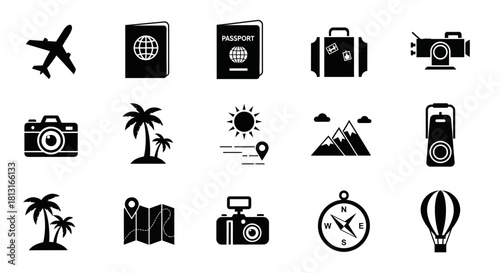 Explore the world with this diverse collection of travel icons featuring airplanes, passports, luggage, cameras, and scenic destinations for your next adventure.