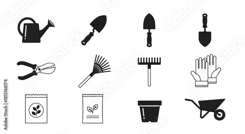 Essential gardening tools icons set for planting, cultivating, and landscaping projects offering a vibrant and modern aesthetic