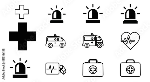 Essential medical icons ambulance cross heartbeat siren first aid kit for urgent healthcare and emergency services