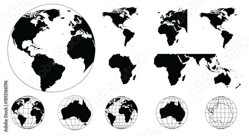 Diverse world map and globe representations including continents and global views ideal for educational and business presentations