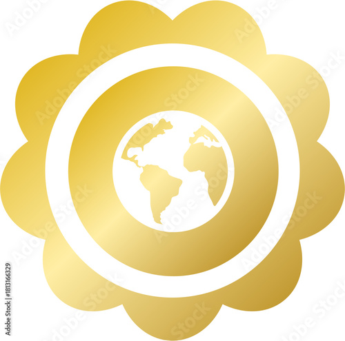 Gold rosette planet earth world map icon for global promo