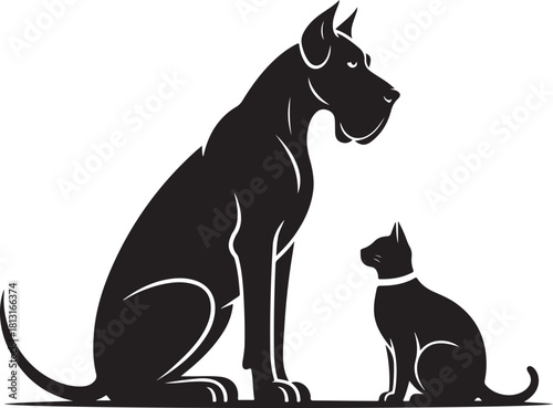 Great Dane and Cat Silhouette Sitting Side by Side Black and White 