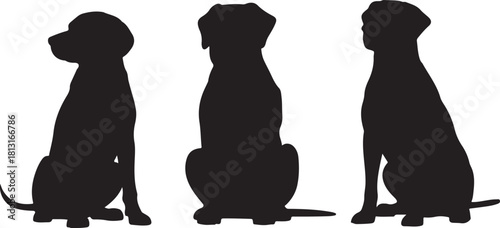Dog Silhouette Trio Sitting Pose Black and White Illustration