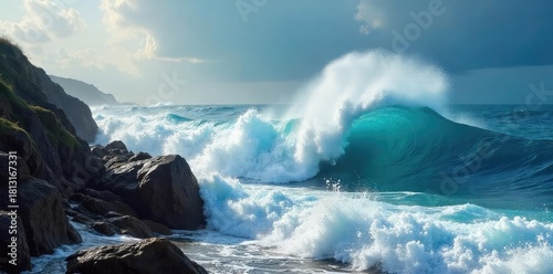 A forceful surge of water pushes against a rocky shoreline, creating dramatic waves and spray The powerful ocean current is a breathtaking display of nature's might , beach, wild