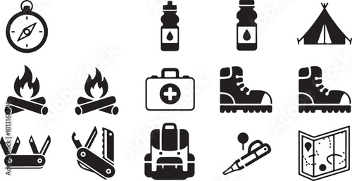 Camping Adventure Icon Set – Outdoors, Hiking & Nature Elements
Minimalist Wilderness Icons – Camping, Mountains, Compass & Fire
Outdoor Survival Line Art – Boots, Tent, Knife & Campfire Designs