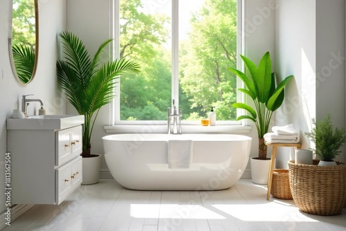 A bright and airy bathroom, featuring a clean white tub, fluffy towels, and lush greenery, creates a serene and inviting atmosphere Perfect for relaxation and self-care , decoration, tub, bright