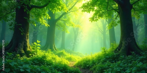 Lush green forest scene, dappled sunlight filtering through leaves, creating a magical atmosphere Ideal for fantasy, nature, or fairytale themed projects , woods, landscape