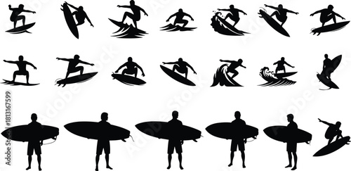 Surfer Black Silhouette Set, Dynamic Collection of Men Riding Ocean Waves and Standing with Surfboards in Various Action and Beach Poses Vector Illustration Content, Isolated on White.