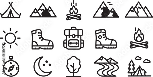 Camping Adventure Icon Set – Outdoors, Hiking & Nature Elements
Minimalist Wilderness Icons – Camping, Mountains, Compass & Fire
Outdoor Survival Line Art – Boots, Tent, Knife & Campfire Designs