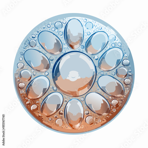 Circular Abstract Design With Blue Water Droplets And Brown Or Orange Hues On A White Background With Realistic Reflections And Shadows