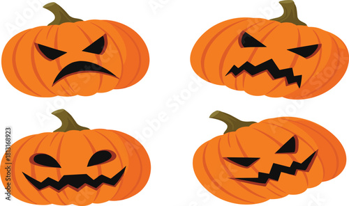Halloween pumpkin illustration, carved jack o lantern faces, spooky holiday decoration vector, scary and funny expressions, autumn seasonal design, horror artwork