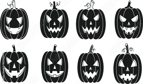 Halloween pumpkin silhouettes, carved jack o lantern faces, spooky holiday decoration vector, scary expressions artwork, autumn seasonal design, horror festival illustration