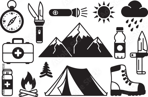 Camping Adventure Icon Set – Outdoors, Hiking & Nature Elements
Minimalist Wilderness Icons – Camping, Mountains, Compass & Fire
Outdoor Survival Line Art – Boots, Tent, Knife & Campfire Designs
