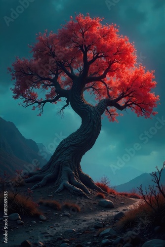 A sickly, unnatural glow emanates from a gnarled, diseased tree, its leaves withered and strangely colored, casting an eerie shadow on the barren earth , gnarled, leaves, tree