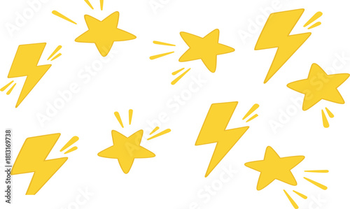 Lightning bolt illustration, yellow star icon, energy symbol, dynamic motion graphic, electric power design, cartoon clipart, bright vector artwork, energetic decoration