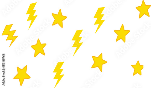 Lightning bolt pattern, yellow star icon, thunder energy symbol, electric power design, dynamic burst vector, cartoon clipart, bold energetic decoration artwork