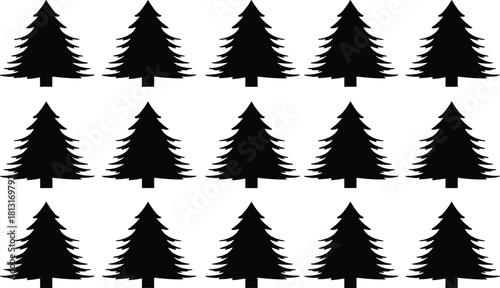Minimalist grid of black pine tree silhouettes, seamless evergreen forest pattern, Christmas holiday decoration, winter woodland texture, abstract nature background design