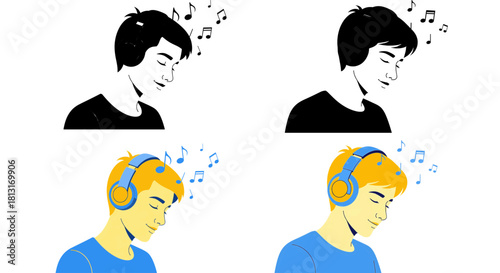 Man Listening to Music with Headphones Vector Illustration Set - Relaxation and Audio Concept