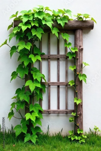Elegant, lush climbing vine with vibrant green leaves twining around a rustic wooden trellis, creating a beautiful natural decorative element for any home or garden , grapevine, home decoration