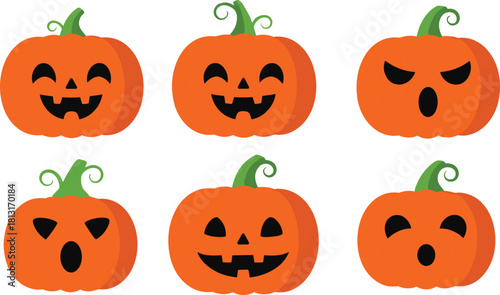 -Halloween pumpkin silhouettes, carved jack o lantern faces, spooky holiday decoration vector, scary expressions artwork, autumn seasonal design, horror festival illustration