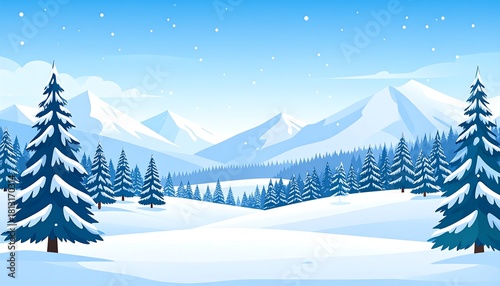 Winter landscape scene with snow-covered mountains and evergreen trees illustration