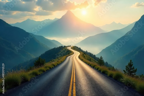 A winding road disappearing into a misty, sunlit mountain range, symbolizing an uncertain but hopeful future path ahead The journey is long, but the destination is promising , fog, unknown, sun