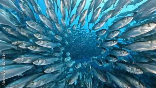 A Mesmerizing Underwater Vortex of Fish Showcasing Nature's Intricate Design and Dynamic Collective Movement within the Ocean Depths