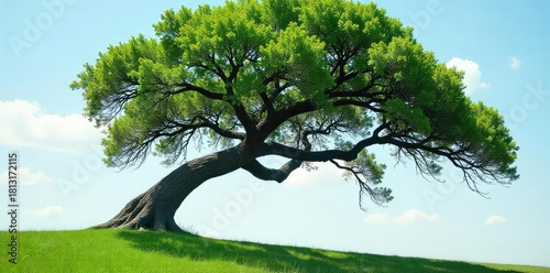 A strong gust of wind bends a large tree dramatically, leaves swirling in the air The scene showcases the power of nature against a mostly clear sky , forest, blowing, perspective