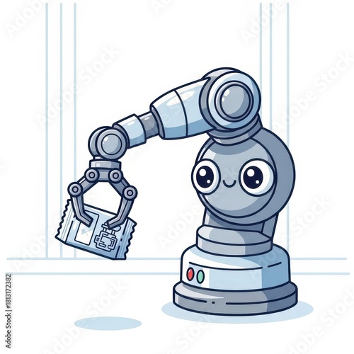 Adorable robotic arm holding a small rectangular electronic component with a happy expression