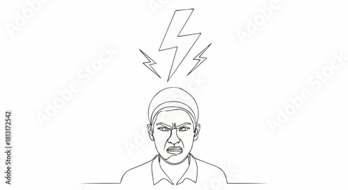 Angry man with lightning bolts above his head in a continuous line drawing.