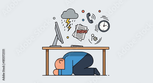 Overwhelmed businessman hiding under desk from work stress and deadlines.